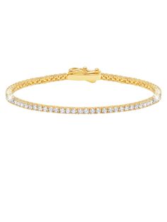 Classic Small Brilliant Tennis Bracelet Finished in 18kt Yellow Gold - CRISLU Elegant Gold Bracelets With Brilliant Cut, Elegant Gold Bracelet With Brilliant Cut, Classic Yellow Gold Cubic Zirconia Bracelets, Timeless Yellow Gold Cubic Zirconia Bracelet, Timeless Yellow Gold Bracelet With Cubic Zirconia, Classic Gold Plated Diamond Cut Bracelets, Elegant Yellow Gold Plated Tennis Bracelet, Yellow Gold Diamond Bracelet With 17 Jewels, Flexible Gold Bracelet In Fine Jewelry Style