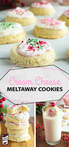 some cookies and milk on a table with christmas decorations in the background that says cream cheese meltaway cookies