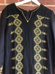 "Pit to pit 17\"/pit to wrist 14\"/length 56\"/waist 18.5\"/ 6\" split on each side.Hand embroidered/ 18\" Zipper down back. Amazing workmanship.Smoke free environment.No issues clean(130)" Traditional Geometric Embroidery Kurta For Festivals, Folk Style Embroidered Dress For Festive Season, Festival Long Sleeve Dresses With Woven Motifs, Long Sleeve Dresses With Woven Motifs For Festival, Traditional Embroidered Dress With Woven Motifs For Festival, Folk Style Embroidered Dress With Woven Motifs For Festivities, Folk Embroidered Dress With Woven Motifs For Festive Occasions, Long Sleeve Embroidered Dress With Traditional Patterns For Ceremonies, Festival Long Sleeve Kurta With Geometric Embroidery