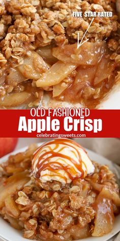 an apple crisp is served with ice cream and caramel