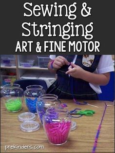 the cover of sewing and stringing art and fine motor book, with colorful yarn in glass jars