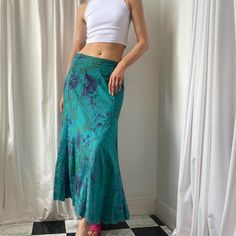 Beautiful Vintage 00s/Y2K boho teal blue bias cut long maxi skirt. 100% cotton Turquoise/teal blue floaty summer maxi skirt in a rose print floral pattern. Scalloped embroidered hemline. Could be worn low or mid waist. Lots of movement and volume. Zip fastening. Cotton lining. Size 12 on the label but seen on a size UK 8/10 5ft9" (worn low waist). Great condition. Brand: 2000s Per Una.  Measurements Waist: 32 inches Length: 36 inches Colourful Maxi Skirt, Green Bohemian Maxi Bottoms, Blue Bohemian Maxi Length Bottoms, Fitted Green Cotton Maxi Skirt, Bohemian Blue Maxi Length Bottoms, Bohemian Blue Maxi Bottoms, Fitted Full-length Maxi Skirt For Festivals, Fitted Maxi Skirt For Festival, Bohemian Fitted Maxi Skirt