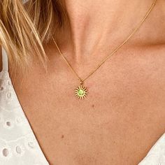 Add a burst of sunshine to your outfit with this boho sun stud necklace. This dainty statement pendant is sure to catch the light and the attention of your friends! The stone is beautifully faceted and bezel set in 925 sterling silver or plated with either 18k vermeil gold or 18k rose gold.  Gemstone is 5mm. Please note that this pendant is handmade and there may be some slight variations from listing photo. Available in: * YELLOW 18K VERMEIL GOLD.  * ROSE 18K VERMEIL GOLD. * BRIGHT STERLING SIL Summer Gift Necklaces With Star Charm, Summer Star Charm Necklace As Gift, Summer Gift Necklace With Star Charm, Summer Star Charm Necklace Gift, Summer Sun Design Jewelry Gift, Star-shaped Jewelry For Summer Gifts, Star Shaped Summer Jewelry Gift, Star-shaped Summer Jewelry Gift, Trendy Sun Design Jewelry