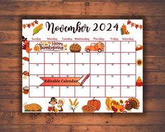 a printable calendar for the month of november, with images of fall and thanksgiving