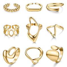 PRICES MAY VARY. VALUE GOLD RINGS SET: You will get 9 pcs 18K gold plated chunky rings with different styles, all of which are chic and attractive. You can combine them with other accessories,various styles can match your different outfits. ADJUSTABLE SIZE: All gold rings are open design,which can be fine-tuned from size 6 to size 9,adjustable size for easy wearing. You can wear them individually or stacked,adjust the size to fit your different fingers for different wearing effects. HIGH QUALITY Gold Chunky Rings, Thick Ring, Open Rings, Ringe Gold, Gold Statement Earrings, Professional Jewelry, Chunky Rings, Gold Ring Sets, 18k Gold Ring