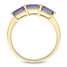 With its distinctive violet hue, natural tanzanite shines bright on this trendy diamond ring. 10K yellow gold Features three rectangle-cut natural tanzanites set east-to-west Round diamonds line the slender shank Total diamond weight is 1/20 carat Gold Credit Card, Diamond Fashion Jewelry, Tanzanite Diamond Ring, Lulu Frost, Jared The Galleria Of Jewelry, Tanzanite Diamond, Platinum Wedding, Anniversary Jewelry, Popular Jewelry