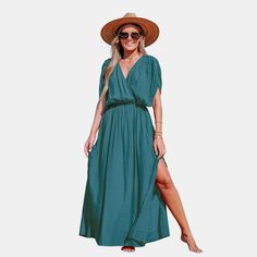 Get ready to turn heads in our sultry surplice neck maxi dress - a flowy and feminine must-have for any special occasion! Product code: CAA05A3A097SS Chic V-neck Beach Maxi Dress, Summer Evening V-neck Maxi Dress, Beach Maxi Length Solid Color Dress, Beach Season Floor-length Maxi Dress For Brunch, Floor-length Maxi Dress For Brunch During Beach Season, Solid Color Maxi Dress For Beach, Beach Season Brunch Maxi Dress, Floor-length, Solid Color Maxi Dress For The Beach, Elegant V-neck Maxi Dress For Vacation