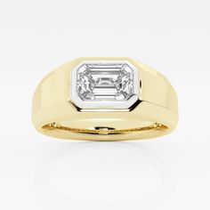 Get with the fashion with this stylish Emerald cut signet ring. A classy emerald cut lab grown diamond sits horizontally encompassed in a bezel settin Male Diamond Ring, Gents Ring, Emerald Cut Diamond, Men's Jewelry Rings, Perfect Engagement Ring, Emerald Cut Diamonds, Custom Engagement Ring, Solitaire Engagement, Solitaire Engagement Ring