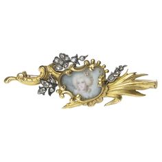 A French, Art Nouveau, diamond and gold brooch, by Louis Aucoc, with a glazed cartouche, with a scrolled surrounding, displaying a painted portrait miniature of a lady, with an 18th century hairstyle, with rose-cut diamond set flowers, including lily of the valley, with gold leaves. The reverse is stamped 'depose', with a French eagle mark for 18ct gold and an indistinct maker's mark for Louis Aucoc, with L above, A below and a wolf passant with head to the left, circa 1900. Art Deco Diamond Brooch, Gold Portrait, French Art Nouveau, Art Deco Brooch, Gold Brooch, Antique Brooches, Victorian Rings, Diamond Brooch, Gold Brooches