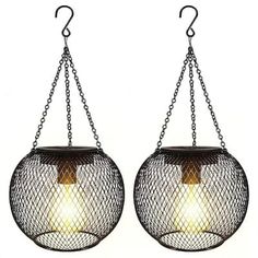 two metal hanging lights with chains attached to the sides and one light on each side