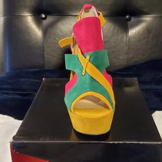 Beautiful Brand New Pink, Green And Mustard Colored Platforms Bold Open Toe Synthetic Sandals, Bold Synthetic Open Toe Sandals, Multicolor Platform Sandals With Closed Toe, Multicolor Platform Closed Toe Sandals, Multicolor Closed Toe Platform Sandals, Chic Multicolor Wedge Sandals For Spring, Bold Multicolor Ankle Strap Heels, Bold Pink Heels For Summer, Bold Pink Summer Heels