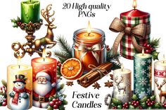 christmas candles and decorations with the words festive candles