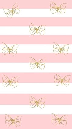 pink and white striped wallpaper with gold butterflies on the top, bottom and bottom