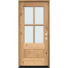 a wooden door with glass panels on the front and side panel, in light wood