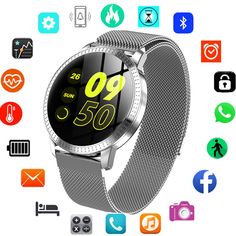 an image of a smart watch with various icons surrounding it and the time displayed on screen