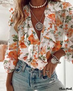 Color: orange, Size: L Mode Prints, Chiffon Style, Chiffon Blouses, Chiffon Fashion, Chic Type, Elegant Pattern, Floral Butterfly, Mini Robes, Ruffle Shirt