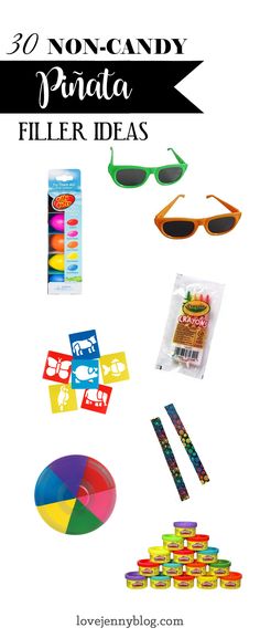 a bunch of items that are on top of a white background with the words 30 non - candy pinata filler ideas