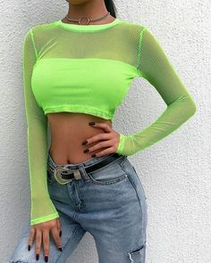 Neon Green Mesh Top - #fashion #tops #streetwear           Pinterest: @k8dumas Green Long Sleeve Top For Club, Green Stretch Top For Club, Trendy Lime Green Summer Tops, Spring Long Sleeve Club Crop Top, Trendy Green Top For Club, Green Tops For A Night Out In Spring, Green Long Sleeve Crop Top For Night Out, Spring Club Crop Top Fitted, Spring Club Fitted Crop Top