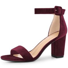 PRICES MAY VARY. [ Material ]: 3 colors: Black, Burgundy, Pink; Faux Velvet Upper; Rubber Sole; ABS Heel 👠 Heel Height: 3.3' inches (approx 8.5cm) [ FEATURES ]: Open toe; block heel; buckle closure; ankle strap; lightly padded; classic party shoes, strappy sandals [ Good for Various Occasions]: Whether a party, work, date, wedding, cocktail, nightclub, homecoming, seas, travel, or other special occasions [ Match ]: You can wear them with many outfits your jeans, pants, or skirt 👠 A must-have i Burgundy Sandals, Heel Sandals For Women, Ankle Strap Chunky Heels, Burgundy Heels, Chunky Heel Sandals, Velvet Shoes, Footbed Sandals, Chunky High Heels, Chunky Heels Sandals