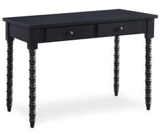 a black table with two drawers on one side and three legs at the other end