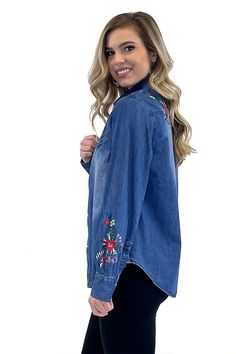 Look sharp in the Jesse Embroidered Denim Shirt—crafted from dark denim with floral embroidery for a classic western style. Feel confident and look fashionable with this timeless piece for any occasion! Fall Medium Wash Top With Floral Embroidery, Fall Medium Wash Tops With Floral Embroidery, Medium Wash Floral Embroidery Top For Fall, Medium Wash Floral Embroidered Tops For Fall, Spring Embroidered Tops For Rodeo, Summer Medium Wash Denim Jacket With Floral Embroidery, Medium Wash Denim Jacket With Floral Embroidery For Summer, Medium Wash Floral Embroidery Button-up Top, Medium Wash Floral Embroidered Denim Jacket For Summer