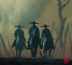 three men riding horses in the desert at night