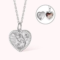 [CUSTOMIZABLE LOCKET DESIGN]: Our locket necklace is a heartfelt gift that allows you to cherish precious memories. The locket features a beautiful design, with a mother embracing her child, symbolizing the unconditional love between a mother and her child. The locket can be customized with a photo of your choice, creating a unique and sentimental keepsake.
[ADORNED WITH ZIRCON]: The locket is adorned with sparkling zircon stones, adding an elegant and eye-catching feeling. The zircons beautiful Valentine's Day White Gold Necklaces With Charms, Silver Locket Jewelry For Birthday Gift, Valentine's Day White Gold Charms Necklace, White Gold Necklaces For Birthday And Valentine's Day, Mother's Day Heart Necklace With Charms, Heart Pendant Locket Necklace Gift, Silver Heart Charm Necklace For Birthday Gift, Silver Necklace With Heart Charm For Birthday, Mother's Day Gift Heart Necklace With Charms