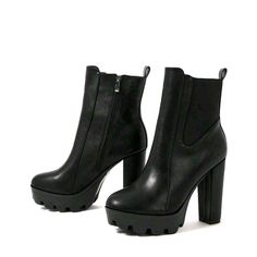 Brand New Cute All Black Soild Color Chucky High Heels Boots Zipper On Size Round Toe Mid-Calf Very Stylish, Goes With Anything. High Heel Synthetic Platform Boots For Night Out, Synthetic High Heel Platform Boots For Night Out, High Heel Synthetic Heeled Boots For Work, Black High Heel Platform Boots For Office, Chic Chunky Platform Heeled Boots For Night Out, Faux Leather High Heel Platform Boots, Night Out Platform Boots High Heel Medium Width, Platform High Heel Boots For Work, Platform High Heeled Boots For Work