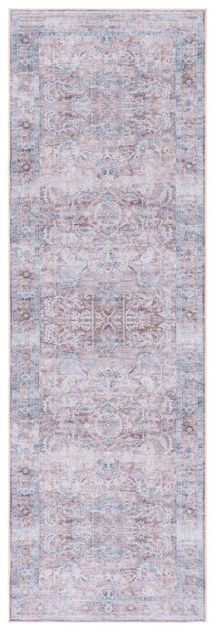 an area rug with blue, pink and grey colors on the bottom half of it