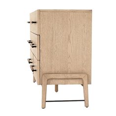 a wooden cabinet with three drawers on one side and two stools on the other