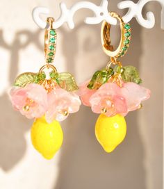 Positano Flower and Lemon Hoop Earrings Glass Lemon Drop - Etsy Earrings Food, Food Earrings, Fruit Earrings, Summer Earrings, Summer Earring, Czech Crystal, Lemon Drop, Matching Gifts, Custom Earrings