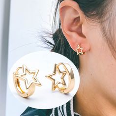 High quality 18K real gold plated brass earring hooks, color not easily tarnish, lead nickel free Size: 12x12x11mm approx. Quantity: 10pcs Color: gold  Material: 18K gold plated on brass ❤ More gold plated brass items here: ❤ https://www.etsy.com/shop/Nbeads?search_query=GB ❤ More metal findings(brass, silver, alloy etc.) here: ❤ https://www.etsy.com/shop/Nbeads?section_id=6656259 Trendy Gold Cartilage Earrings With Ear Wire, Gold Star-shaped Hoop Earrings, Gold Plated Star-shaped Hoop Earrings, Gold Plated Star Shaped Hoop Earrings, Minimalist Gold Star Earrings, Gold Star-shaped Minimalist Earrings, Minimalist Star-shaped Hoop Earrings, Gold Star-shaped Huggie Earrings, Gold Star-shaped Metal Hoop Earrings