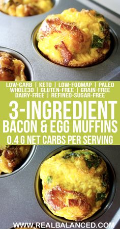 three ingredient bacon and egg muffins in a muffin tin with text overlay