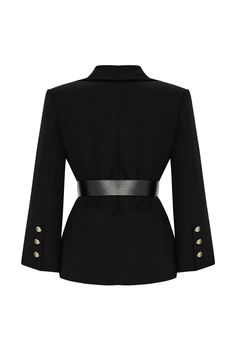 The elegant Armida Jacket features a belt, wide pockets, and three buttons on the sleeve, offering both a modern and functional design. The regular fit ensures a comfortable wear while its refined look completes your daily style. Ideal for both work and social events, it combines practicality with sophistication. Jacket: 62% Polyester, 33% Viscose, 5% Elastane/ Lining: 100% Polyester Dry clean only. Luxury Formal Blazer With Belted Cuffs, Luxury Blazer With Belt Loops And Long Sleeves, Luxury Tailored Belted Blazer, Luxury Outerwear With Suit Collar For Career, Luxury Belted Blazer For Work, Luxury Black Blazer Dress With Double Button Closure, Luxury Black Blazer Dress With Double Button, Luxury Career Outerwear With Buttons, Luxury Blazer With Belt Loops