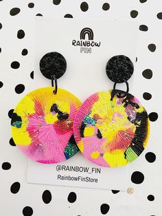 At Rainbow Fin I hand make unique handcrafted, earrings made from resin and mixed media.  All earrings are handmade with love may feature slight imperfections and inconsistencies. I only list items that I would wear myself.  Please be aware that the colours may display differently on computer/phone screens and monitors. Every attempt has been made to represent the product and colours as accurately as possible. Multicolor Round Resin Earrings, Hand Painted Multicolor Party Earrings, Multicolor Resin Earrings, Hand Painted Multicolor Earrings For Party, Funky Handmade Yellow Earrings, Multicolor Resin Earrings For Pierced Ears, Handmade Multicolor Resin Earrings, Handmade Funky Yellow Earrings, Funky Yellow Handmade Earrings