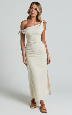 CINCINNATI MIDI DRESS - OFF THE SHOULDER SIDE SPLIT COLUMN DRESS in Beige Chic Cream Dresses At Affordable Prices, Cheap Chic Cream Dresses, Affordable Long Elegant Midi Dress, Luxury Beige Midi Dress For Day Out, Luxury Cream Dresses For Brunch, Cheap Chic Midi Dress, Luxury Neutral Color Dresses For Spring, Glamorous Fitted Midi Dress, Beige Dress Formal Accessories