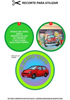 three circular stickers with the words caro vim and an image of a red car