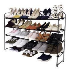 a rack that has many pairs of shoes on it