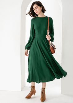 "New Arrivals Green midi Linen dress with pockets for spring autumn. DETAIL * 50% Linen, 50% cotton * Two side pockets * Long Lantern Sleeve * Small collar * Fit and flare dress * Back zipper closure * Perfect for summer, spring, autumn * Dry clean * The model is 175cm (5′9″) tall with a 80cm (31.5\") bust, 66cm (26\") waist. She is wearing in size XS CUSTOM MADE SERVICE If you * Change other color * Can't find your size in our size Chart * Change the length * Your Height is not Between 5'1\" - Green A-line Midi Dress, Green A-line Solid Color Midi Dress, Dark Green Midi Length Spring Dress, Dark Green Midi Length Dress For Spring, Spring Dark Green A-line Dress, Green Solid Color Midi Length Dress, Green Solid Color Midi Dress, Modest Green A-line Dress, Green A-line Midi Dress For Fall