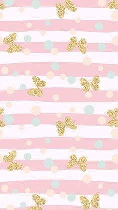 a pink and white striped background with gold glitter hearts