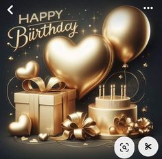 a birthday card with gold balloons and presents