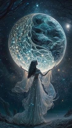 a woman is holding the moon in her hands and looking up into the night sky