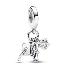 From Pandora, celebrate your milestone with this 2024 Graduation Triple Dangle Charm, a sterling silver charm capturing the essence of achievement. A star-shaped cubic zirconia gleams alongside a dangling graduation cap with a tasselled flair and a detailed scroll featuring a bow-tied ribbon. The swirling lines depict a rolled diploma, while the '2024' engraving on the bail adds a personalized touch. This charm serves as a sweet reminder of your dedication and success in the journey of education Pandora Graduation Charm, Tied Ribbon, 2024 Graduation, Charm School, Pandora Style, Pandora Charm, Pandora Bracelets, Graduation Cap, Dangle Charms