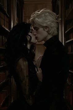 a painting of two people kissing in front of bookshelves