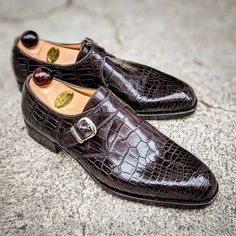 Dark Brown Crocodile Texture Leather Monkstrap Loafers Shoes on Storenvy Crocodile Leather Shoes, Mens Dress Hats, Crocodile Texture, Quality Leather Boots, Spring Summer Autumn Winter, Custom Design Shoes, Blue Suede Shoes, Formal Shoes For Men, Loafers Shoes