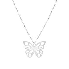 a white butterfly necklace on a chain