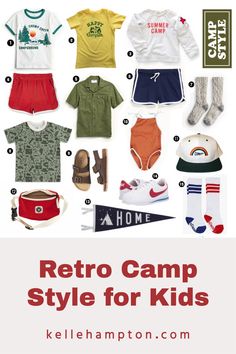 A few of my favorite kids' camp clothes/accessories and sources! Summer Camp Accessories, Camp Uniform, Camp Counselor Outfit, Camp Merch, Summer Camp Style, Camp Clothes, Summer Camp Outfits, Kids Camping Gear, Camp Outfits