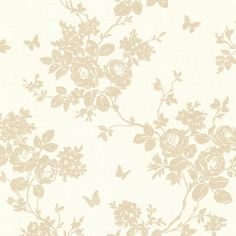 a white and beige floral wallpaper with flowers on the bottom half of it,