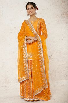 Aman Takyar | Mustard Gold Embroidery Kurta Sharara Set | INDIASPOPUP.COM Simple Yet Elegant Outfit, Orange Sharara, Short Kurta Set, Silk Sharara, Embroidery Kurta, Kurta Sharara Set, Tuxedo Accessories, Indian Arts And Crafts, Beach Wedding Guests