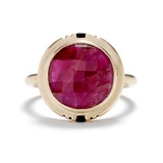 Most rubies on the market have been heat treated to remove their crystal inclusions and to alter the color by allowing more light to pass through. We're using untreated rubies in these rings. While traditional treated rubies are beautiful, we think the inclusions and color variations found in these natural rubies retains a uniqueness and a connection to the beauty of the earth that is missing in heat treated stones. Due to Mother Nature’s whims, each ring’s stone will be unique. A range of examp Pink Sapphire Ring With Rose Cut Diamonds, Round Pink Sapphire Ring With Rose Cut Diamonds, Luxury Ruby Ring With Round Stone, Timeless Round Ruby Ring, Yellow Gold Ruby Ring With Round Stone, Fine Jewelry Ruby Birthstone Ring With Rose Cut Diamonds, Heirloom Style Ruby Ring, Yellow Gold Ruby Gemstones, Round Ruby Gemstones In Yellow Gold